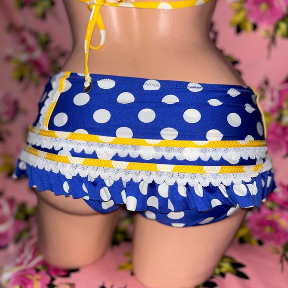 Betsey Johnson yellow blue bow polka dot bikini skirted bottom rockabilly pinup - Picture 6 of 9